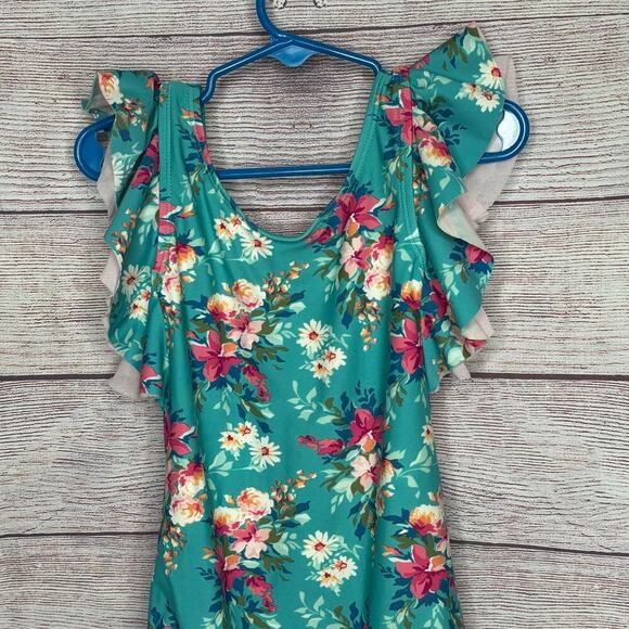 Ruffle Butts Girls Teal Fancy Me Floral Ruffle Bow One Piece Swimsuit Size 6 - Picture 7 of 9